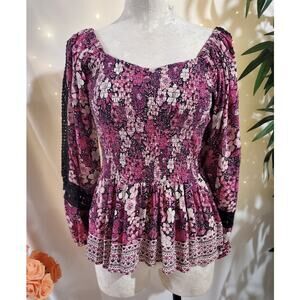 Vtg Angie Smocked Floral Crochet Balloon Sleeve Peplum Top Size XL Whimsygoth